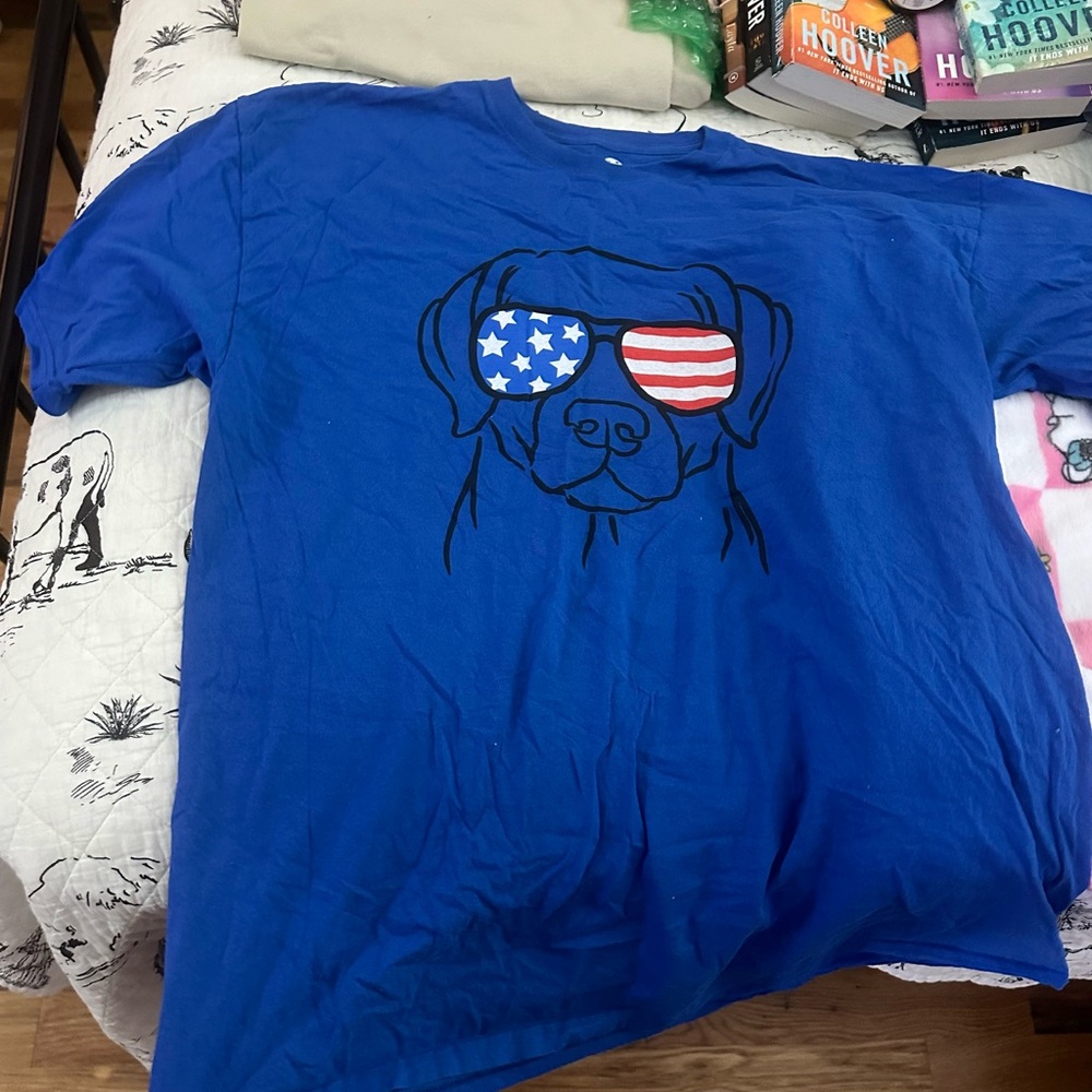 Blue Short Sleeve Tee with American Flag Sunglasses Dog Graphic